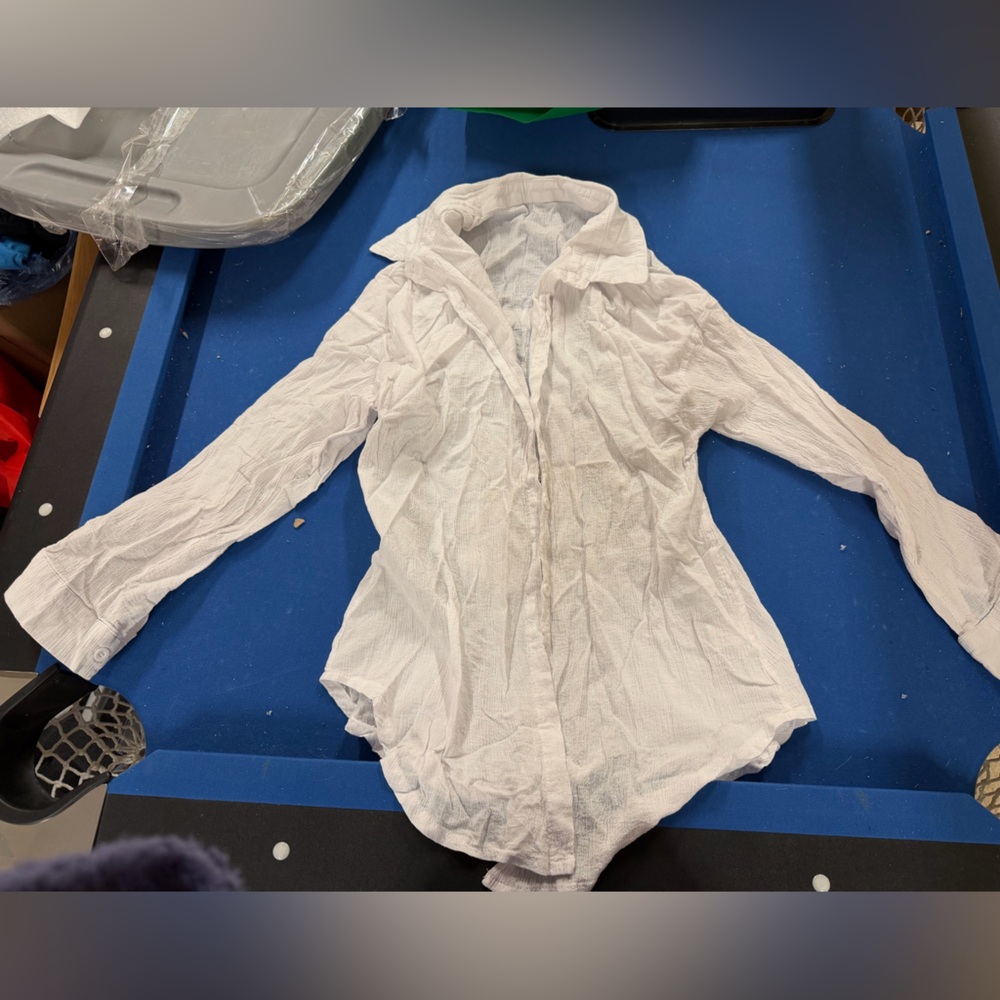 Women’s sequin eye button up sheer white long sleeve